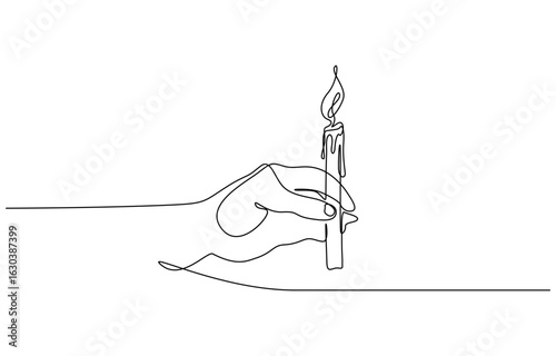 Continuous one line drawing of hand holding burning candle vector illustration. Editable outline