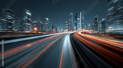 3D Rendering of highway in city. High speed motion blur. Concept of leading in business, Hi tech products background, artificial intelligence, hyper loop, virtual reality, high speed network. 
