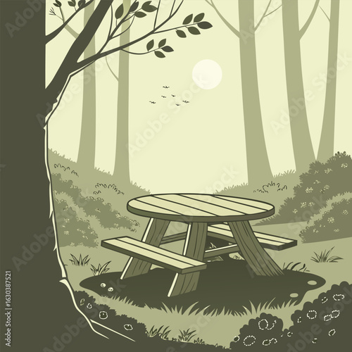 A picnic table sits amidst trees with a full moon and birds flying in the background in a forest scene