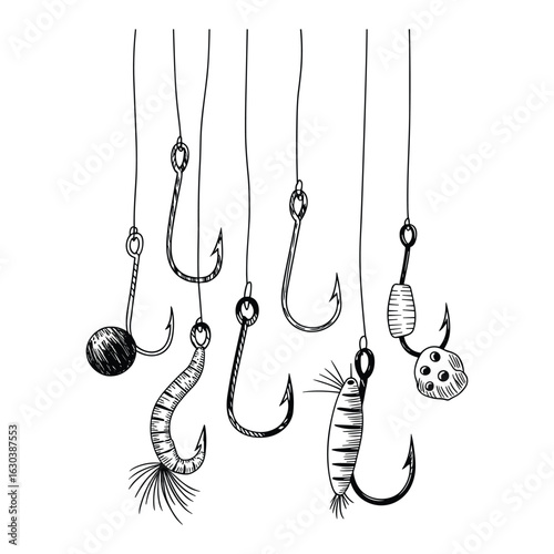 Illustration of fishing hooks and lures isolated on white