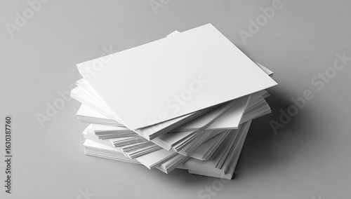 Stack of blank white square brochures or papers on a gray surface