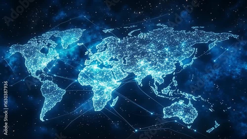 Experience the stunning visual of a glowing world map filled with vibrant cities connected through a network of light, highlighting human achievement and innovation against the cosmos.