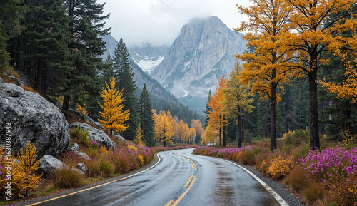 Winding Road Through Autumn Forest with Colorful Fall Foliage and Mountain View