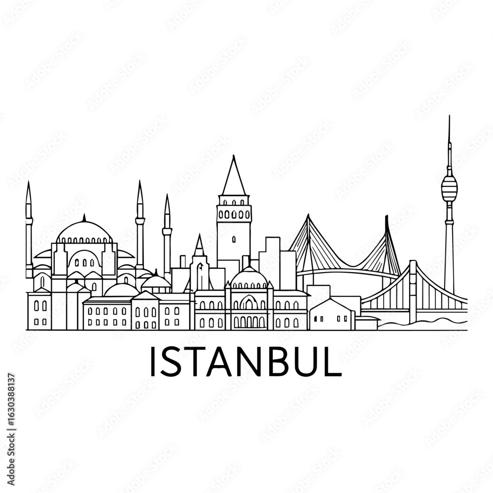 Fototapeta premium Istanbul city skyline vector on white background Vector line city skyline