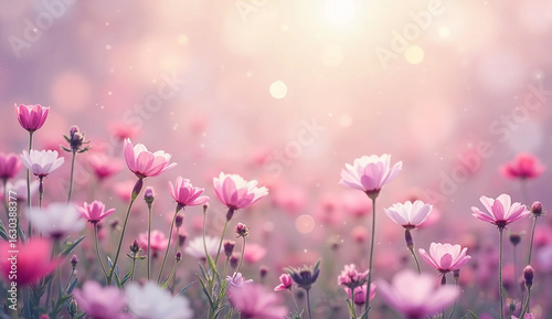 Dreamy Field of Pink Cosmos Flowers with Soft Bokeh Sunlight Background