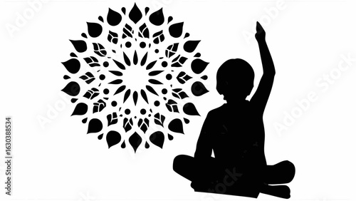 Silhouette of child in lotus position with raised arm next to floral mandala design element art work