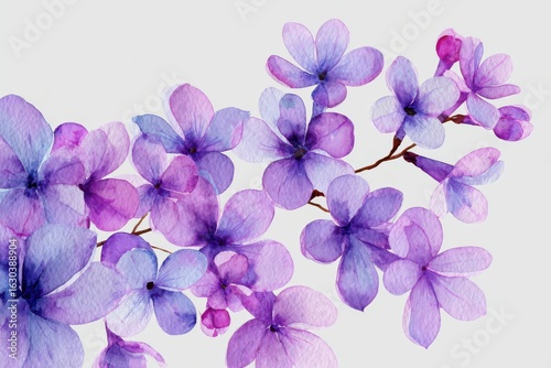 Delicate lilac flowers in watercolor for floral arrangements, diy crafts, or home decoration ideas, showcasing unique violet petals on a minimalist background