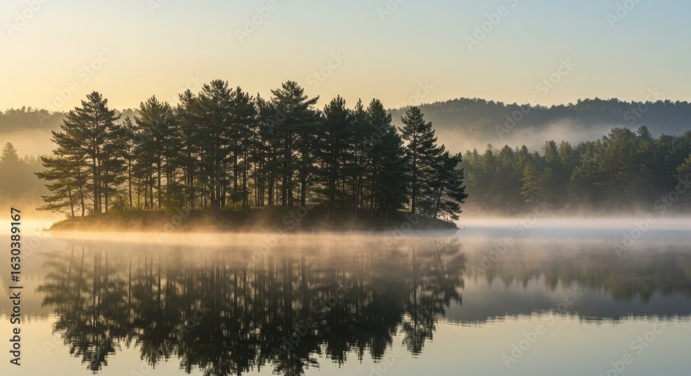 Fototapeta premium Nature wallpaper. Island of Trees Reflecting in Calm Lake at Sunrise with Morning Mist
