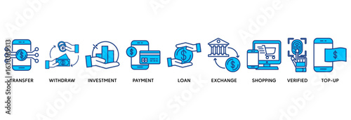 Mobile banking icon set vector illustration concept relate to transfer, withdraw, investment, payment, loan, exchange, shopping, verified and top-up