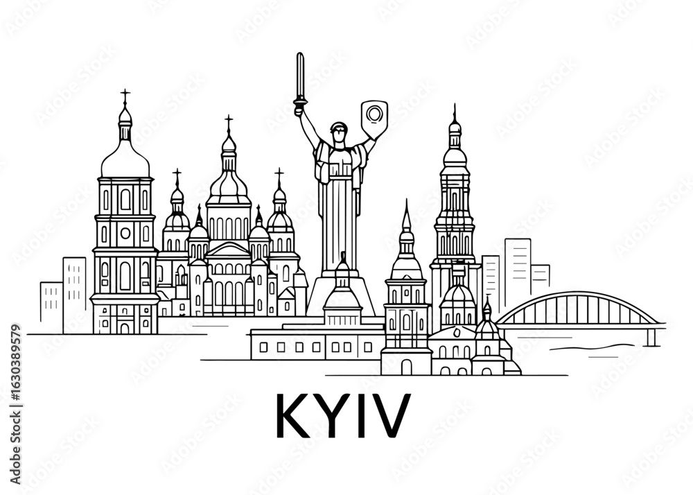Fototapeta premium Kyiv city skyline vector on white background Vector line city skyline