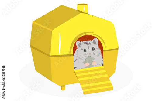 Pretty hamster at the yellow home. Cartoon smiling hamster. 