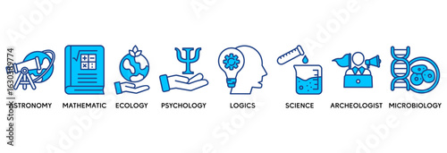 Science icon set vector illustration concept relate to astronomy, mathematic, ecology, psychology, logics, science, archeologist, microbiology