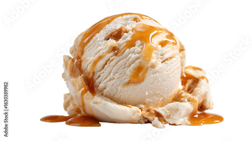 Indulgent scoop of vanilla ice cream drizzled with rich caramel sauce and crunchy cookie pieces Isolated on white background