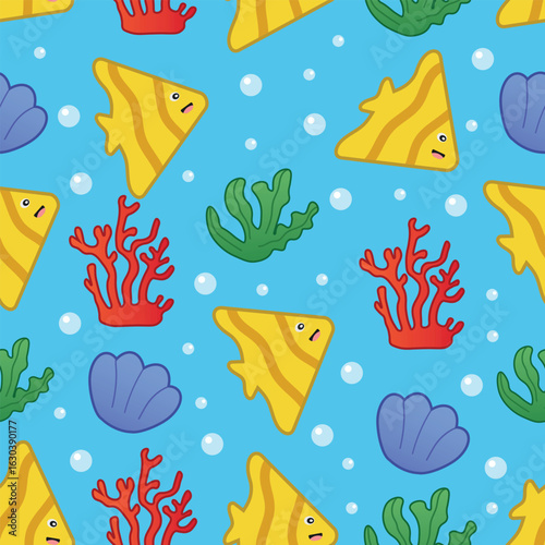 Sea children's seamless pattern with fish, shells and corals