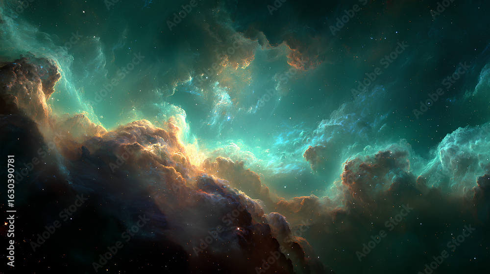 Fototapeta premium Teal and Gold Cosmic Nebula in Deep Space