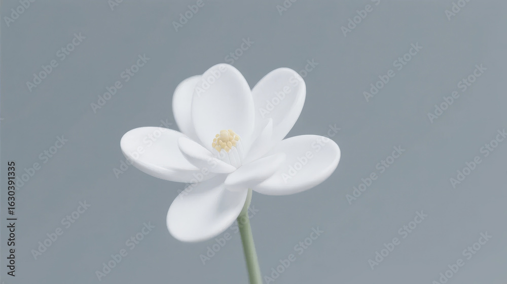 Fototapeta premium A single white flower with delicate petals against a neutral gray background