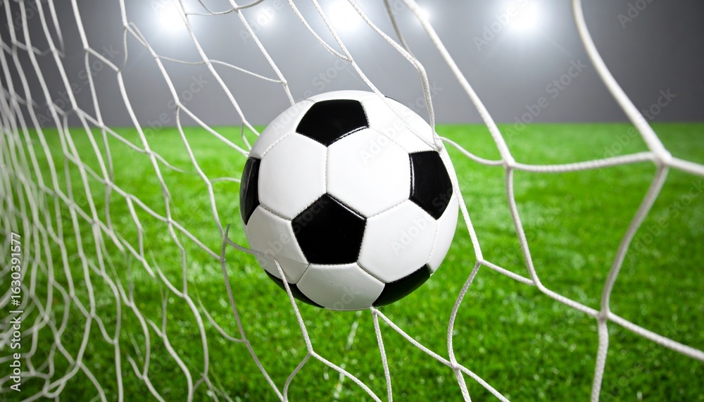 Fototapeta premium A classic soccer ball finds its home in the back of the goal net, vividly presented against a lush green grass background under stadium lights, symbolizing triumph and a winning moment.