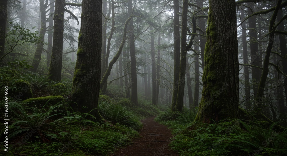 Obraz premium Nature wallpaper. Walking Path Through a Foggy Forest with Lush Greenery