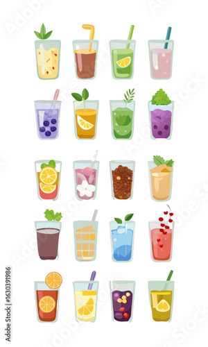 Collection of colorful refreshing drinks and beverages
