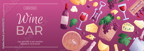 Promo banner design template for a wine bar. Wine glass, bottle, grapes, corkscrew, cheese, wooden barrel. The concept of wine drinks and tastings. Vector illustration for posters, banners, flyers