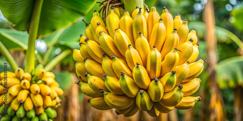 Naklejka premium A vibrant bunch of ripe yellow bananas hanging from a tree, a healthy and sweet tropical fruit, rich in vitamins and nutrients, growing in a natural environment