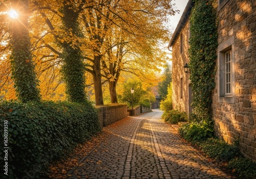 Golden autumn sunlight illuminates cobblestone path beside ivy covered stone building