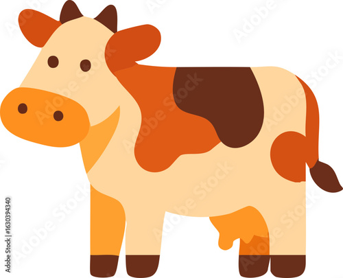 A cute flat-style illustration of a brown and orange spotted dairy cow with a gentle expression, standing on all fours.