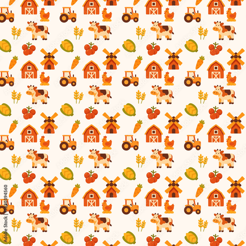 Obraz premium A seamless repeating pattern with farm-themed cartoon icons including barns, cows, chickens, tractors, windmills, vegetables, and grains on a light background.