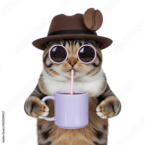 Wallpaper Mural Whimsical tabby cat wearing a brown fedora hat and round sunglasses drinks from a purple mug with a straw isolated on transparent background Torontodigital.ca