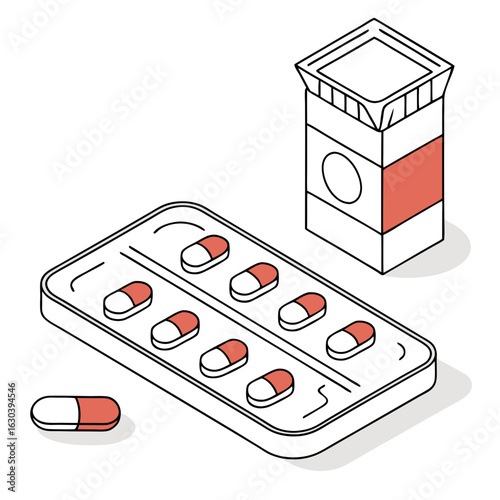 Monthly contraceptive set with daily pill blister pack and mini pill-box in flat vector style
