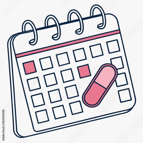 Birth control pill on a calendar showing a weekly grid with a pink highlight and long shadow

