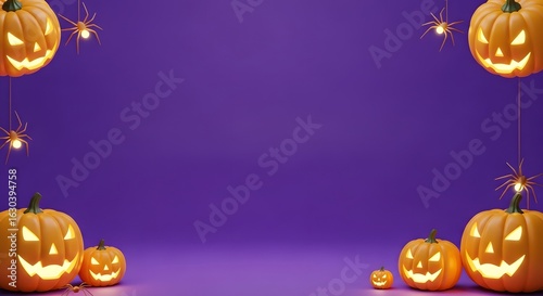 Halloween scene with glowing jack-o'-lanterns and spiders on a purple background, creating a festive border.