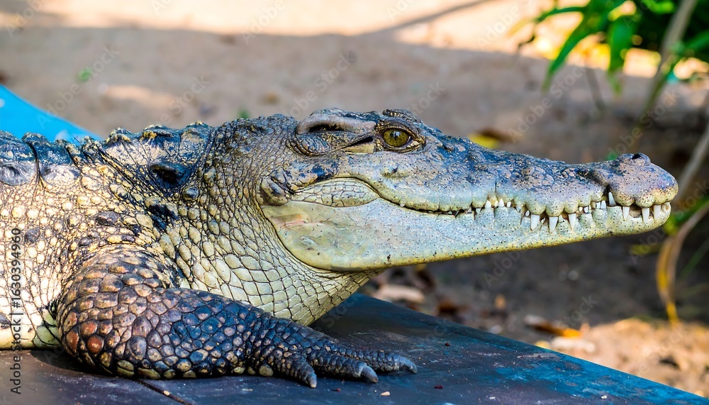 Fototapeta premium Close-up profile view of a crocodile resting on a dark surface