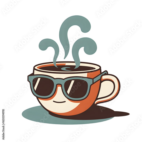 Quirky cartoon illustration of a steaming coffee cup wearing cool sunglasses isolated on transparent background