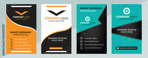 Modern and unique Vertical Business Card Template Vector Set. Creative Corporate Identity Design with Orange and Teal Curves. Professional Visiting Card Layout for Company Branding and Stationery.
