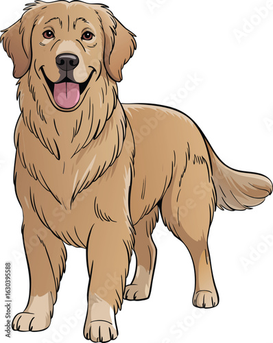 Golden retriever dog standing and smiling. Cute cartoon pet animal vector illustration isolated on white background