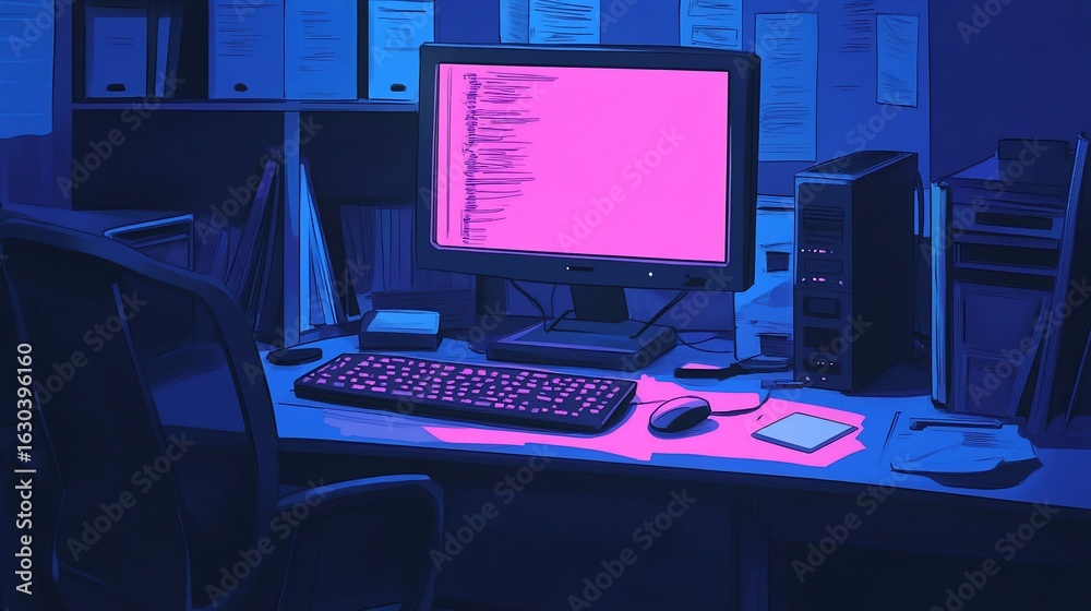 Naklejka premium A dimly lit office space featuring a computer glowing pink, desk, chair, peripherals, with files in the background