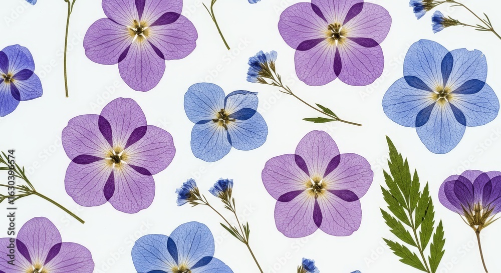 Fototapeta premium Nature wallpaper. Pressed Floral Arrangement with Blue and Purple Flowers on White
