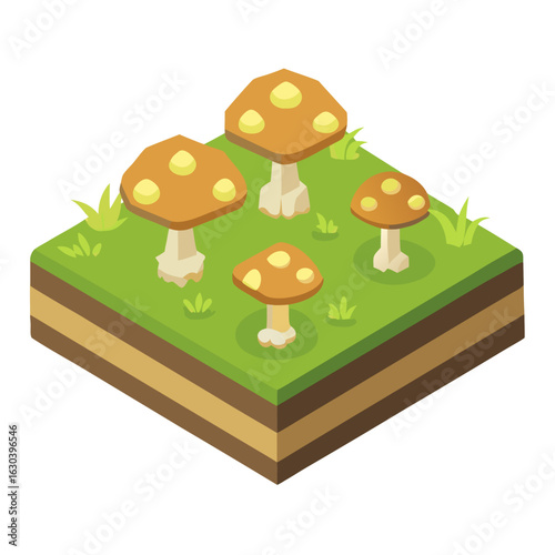 Isometric cartoon mushrooms growing on a grassy patch isolated on white background