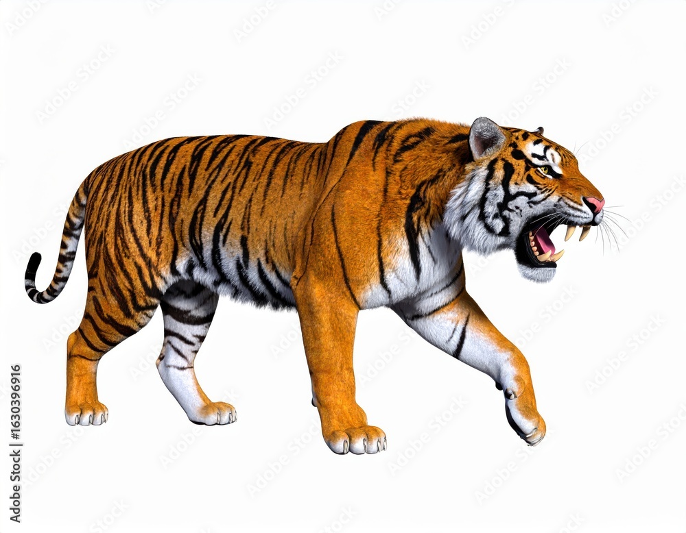 Obraz premium Realistic wild tiger walking with open mouth showing teeth and pink tongue on a plain white background for wildlife photography and ferocious animal imagery