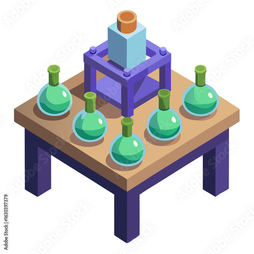 Science experiment setup with flasks and apparatus isolated on white background