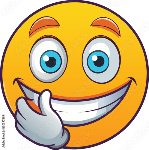 Happy smiling emoji with thumbs up gesture. Funny cartoon emoticon vector illustration isolated on white background