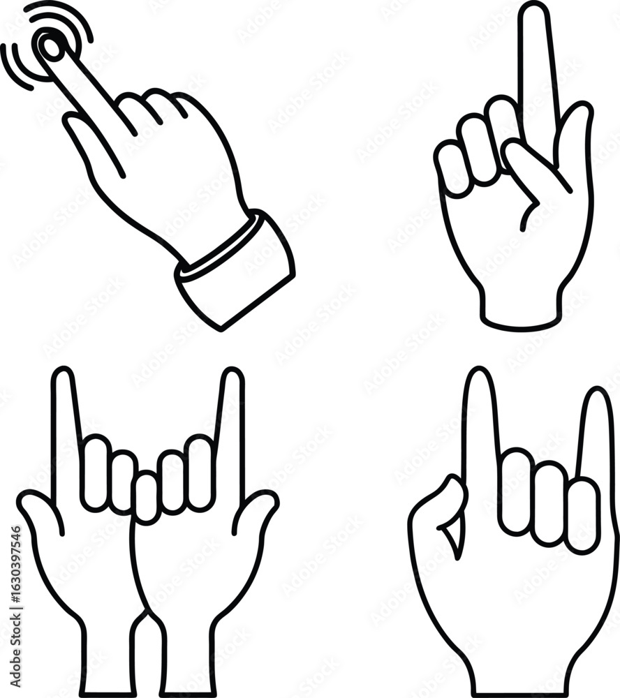 Fototapeta premium Collection of Fifteen Line Art Hand Gestures: Pointing, Counting, and Fisted Hands in Grey Circles 