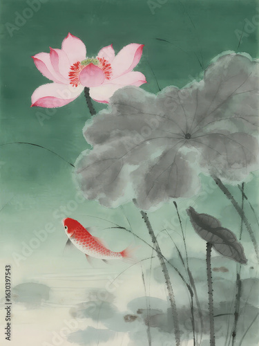 A serene pond scene featuring a blooming lotus flower, large lotus leaves, and a swimming goldfish.