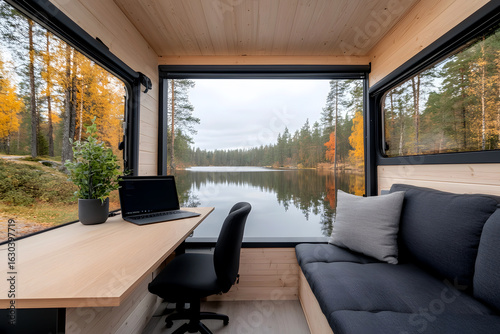 Cozy workspace in a modern cabin with large windows overlooking a serene lake surrounded by trees, ideal for digital nomads seeking inspiration and tranquility. digital nomad