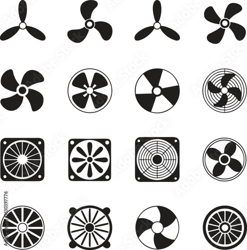 A black fan and propeller icons set. Cooling ventilation system vector illustration isolated on white background