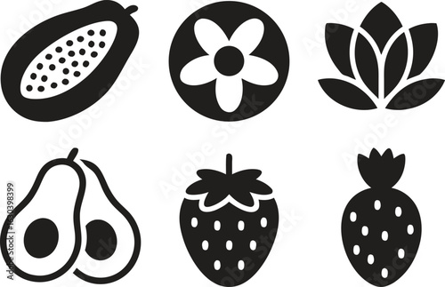 Silhouette fruit icons set. Papaya, avocado, strawberry, lotus, and flower vector illustration on white background