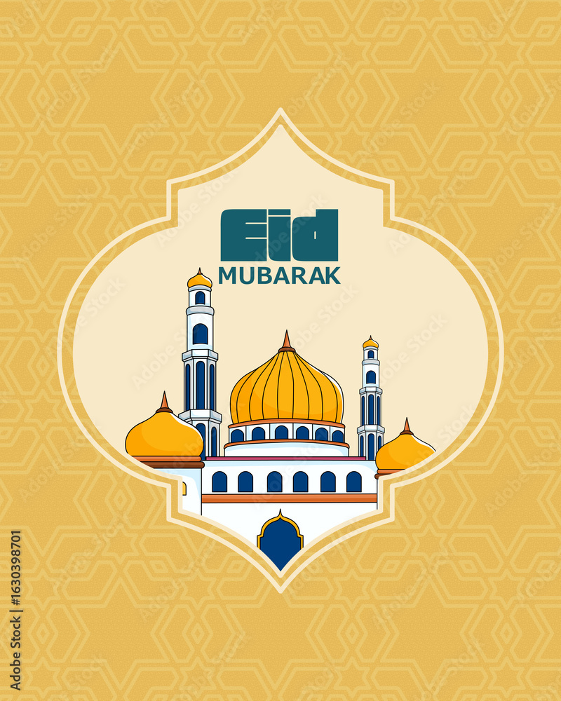 Naklejka premium Modern Eid Mubarak greeting with an intricate Islamic mosque illustration, enclosed in an elegant arch frame. The yellow geometric background enhances the festive and cultural appeal.