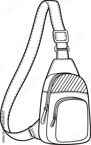 Sling bag design cad drawing, fashion illustration, travel backpack, modern chest pack, technical sketch, black and white flat vector illustration