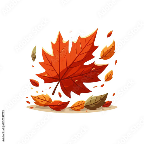 A cartoon depiction of a large maple leaf surrounded by smaller leaves on a black background